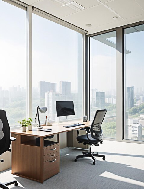 Photo un bureau dans un nouveau centre d'affaires à séoul avec vue sur une journée ensoleillée à travers la fenêtre d'un bureau