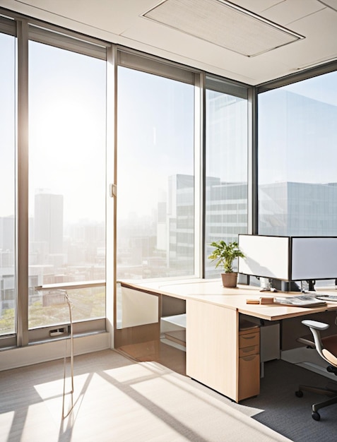 Photo un bureau dans un nouveau centre d'affaires à séoul avec vue sur une journée ensoleillée à travers la fenêtre d'un bureau