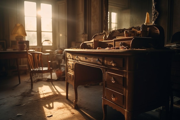 Un bureau dans une pièce avec une fenêtre éclairée par le soleil.