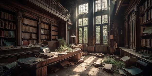 Un bureau dans un vieux bâtiment abandonné avec un tas de livres dessus.