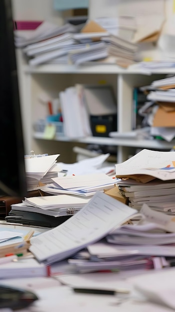 Photo un bureau débordé de papiers