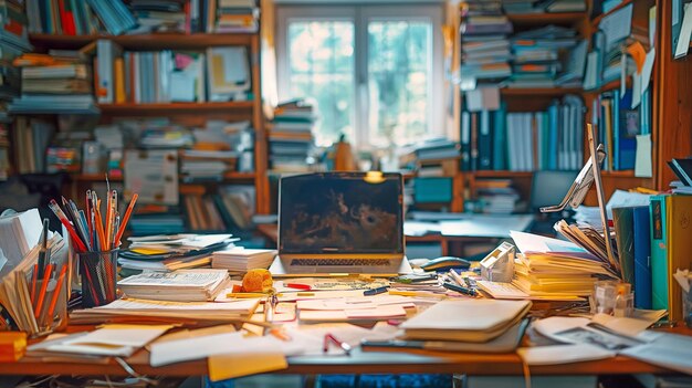 Photo un bureau désordonné avec des papiers, des fournitures de bureau et des notes éparpillés.