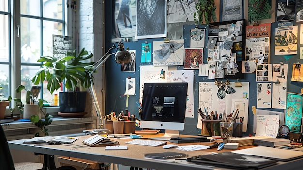 Un bureau en désordre avec une souris de clavier d'ordinateur et d'autres fournitures de bureau Il y a des papiers, des livres et des plantes sur le bureau