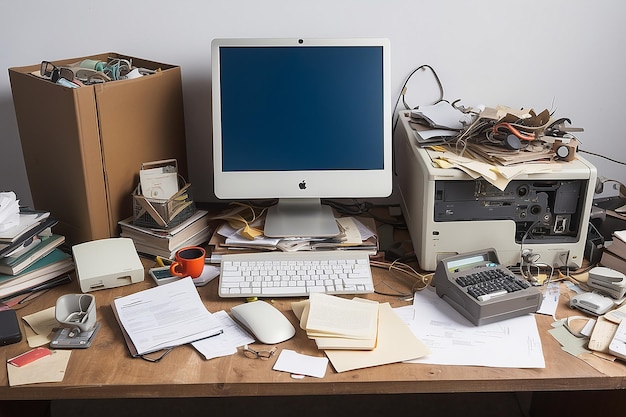 Photo un bureau en désordre avec une vieille nature morte d'ordinateur.