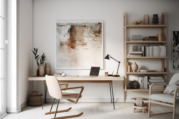 Un bureau à domicile avec une bibliothèque et une chaise.