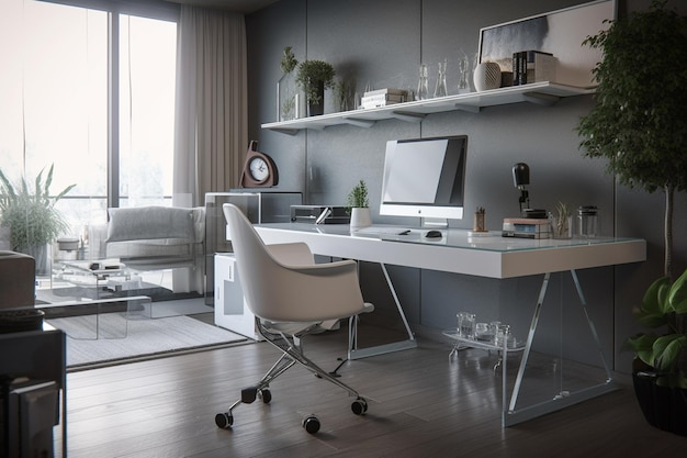 Un bureau à domicile avec un bureau blanc et une chaise blanche.