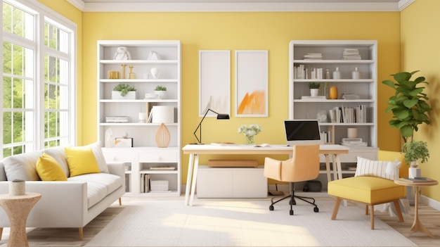 Bureau à domicile avec un bureau blanc, des murs jaunes et un décor correspondant, un environnement de travail dynamique.