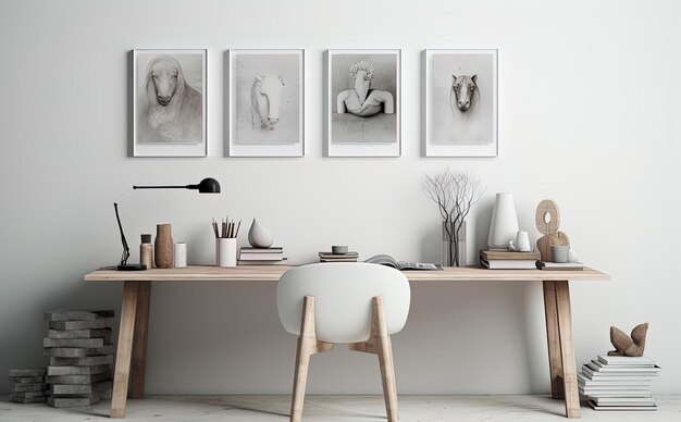 un bureau à domicile avec un bureau et une photo d'une femme sur le mur.