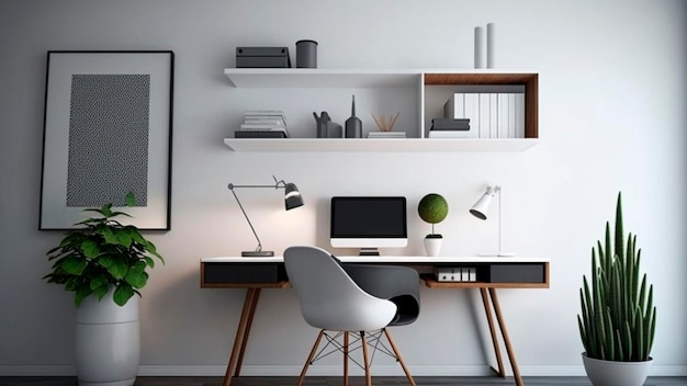 Un bureau à domicile avec une chaise blanche et un bureau noir avec un ordinateur dessus.