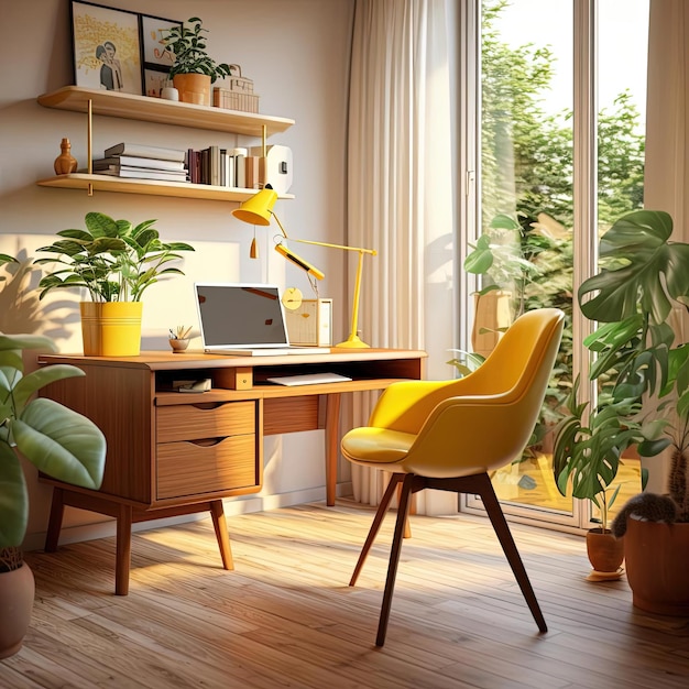 un bureau à domicile avec une chaise bureau jaune et jardinière