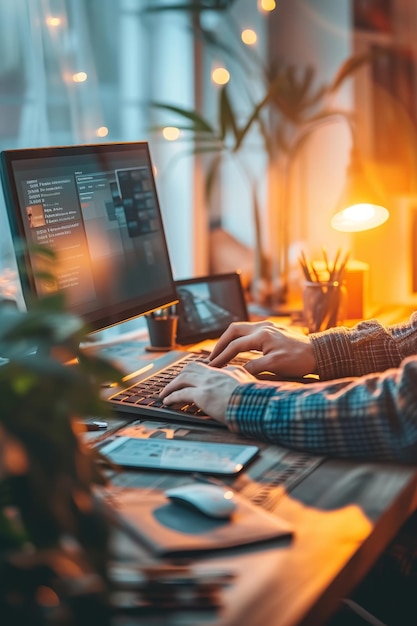 Photo un bureau à domicile confortable et bien éclairé, orné d'une vie végétale abondante et d'une technologie moderne