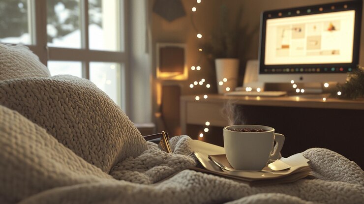 Photo bureau à domicile confortable avec couverture, boisson chaude et lumières de vacances pour le confort et la productivité en hiver