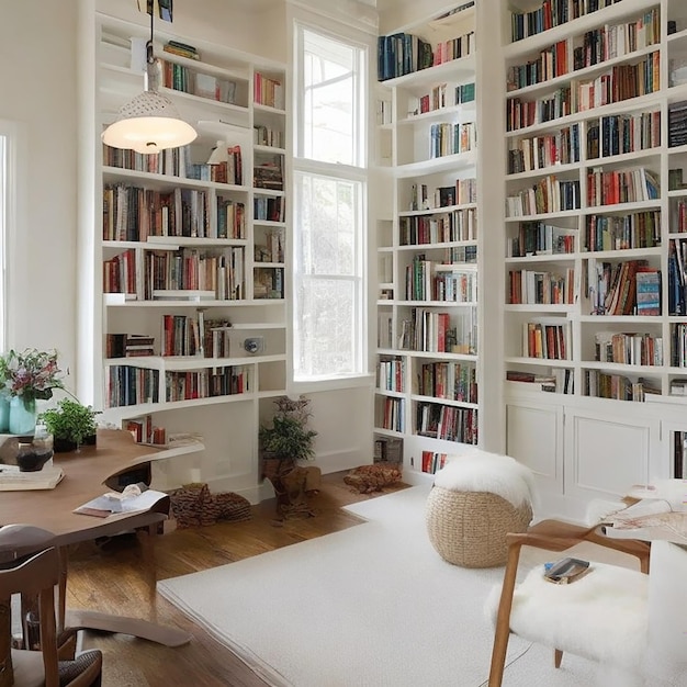 Un bureau à domicile confortable avec un mur bordé d'étagères et un coin lecture confortable généré par l'IA
