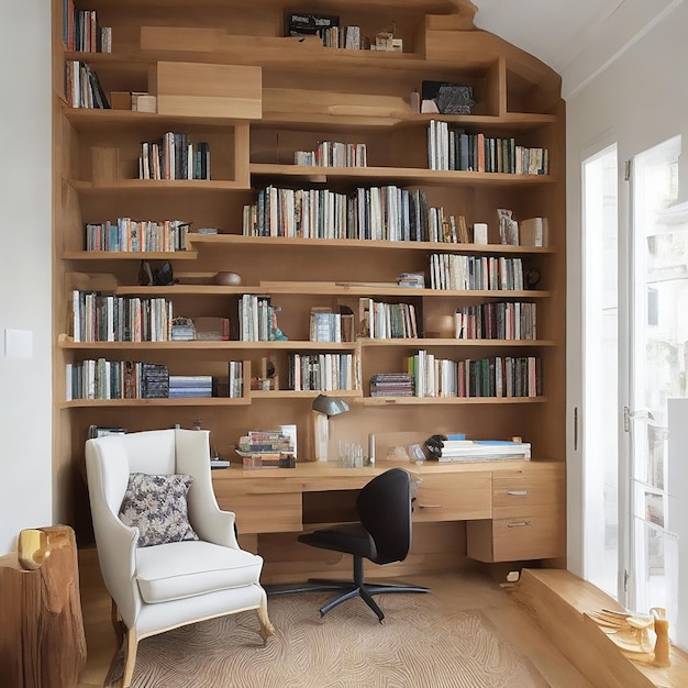 Un bureau à domicile confortable avec un mur bordé d'étagères et un coin lecture confortable généré par l'IA