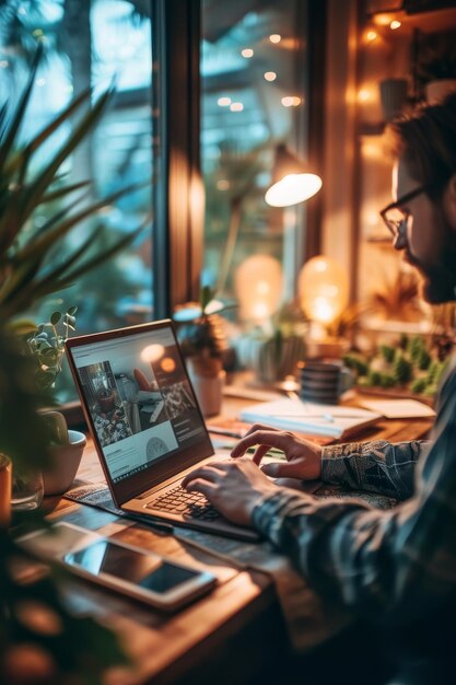 Un bureau à domicile confortable avec une personne qui tape sur un ordinateur portable entouré de plantes