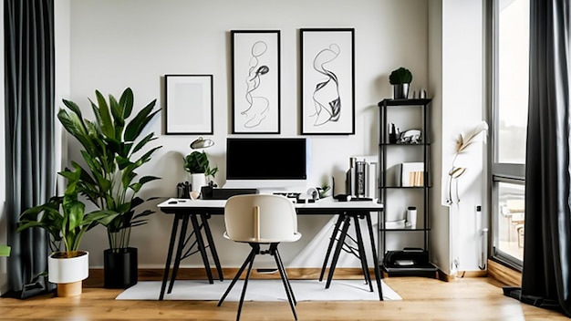 Bureau à domicile contemporain avec un bureau debout et des œuvres d'art modernes