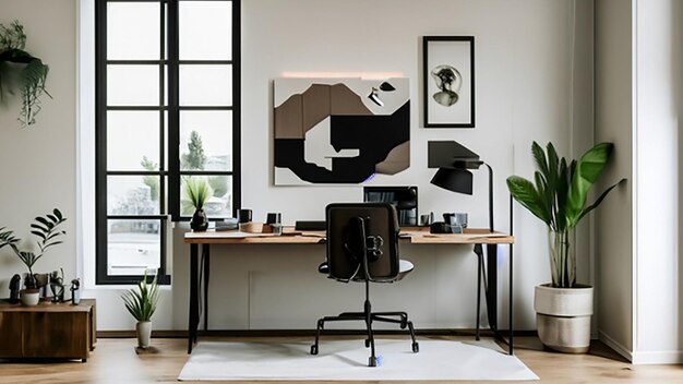 Bureau à domicile contemporain avec un bureau debout et des œuvres d'art modernes