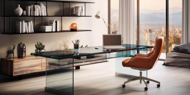 un bureau à domicile contemporain avec un bureau en verre une chaise moderne et une étagère minimaliste