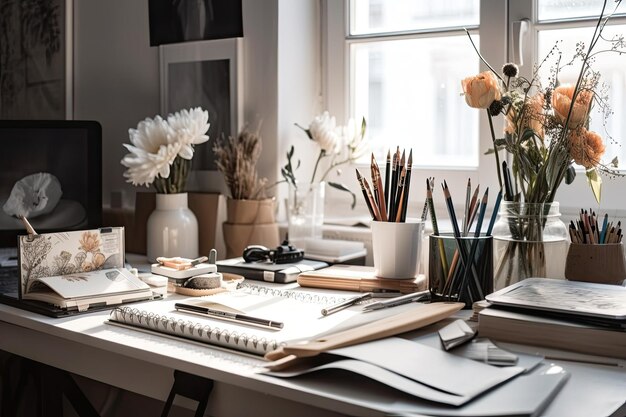 Bureau à domicile du blogueur et du pigiste avec des livres de matériel et des crayons