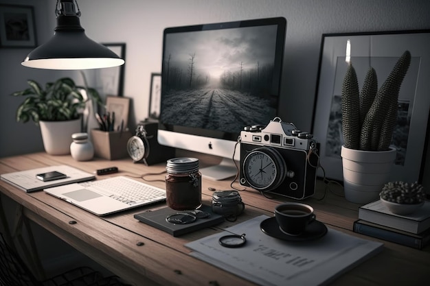 Photo bureau à domicile avec espace de travail minimal avec horloge murale générée par l'ia