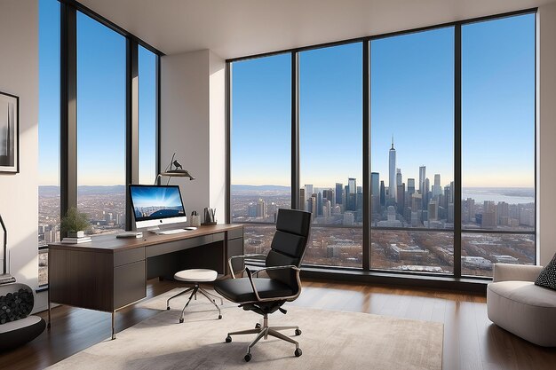 Photo un bureau à domicile avec une fenêtre panoramique surplombant l'horizon de la ville