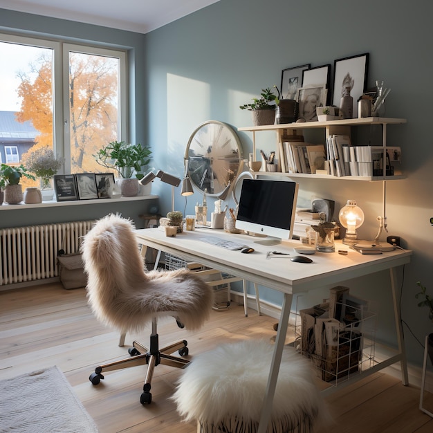 Bureau à domicile avec un grand bureau une chaise confortable et beaucoup de plantes