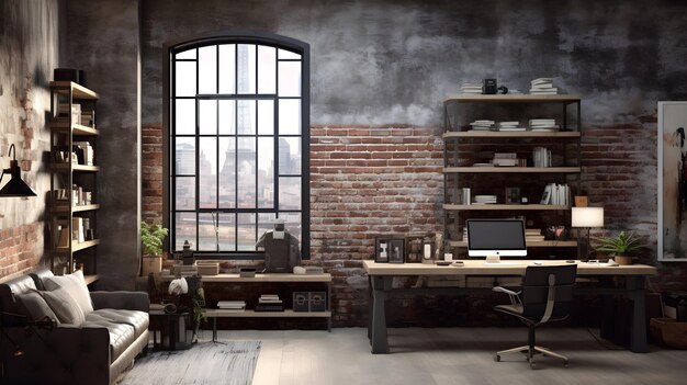 Bureau à domicile industriel chic avec briques apparentes et meubles contemporains