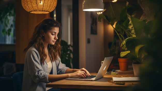 Bureau à domicile jeune femme télétravail avec ordinateur portable à la maison