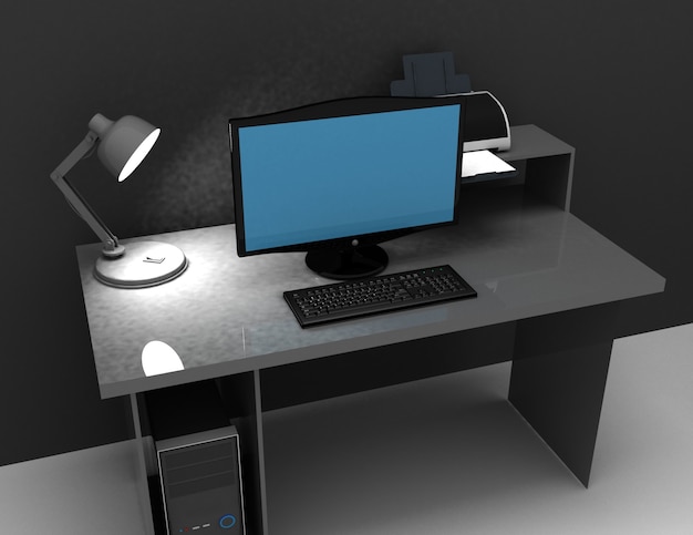 Bureau à domicile avec lampe, ordinateur et imprimante. illustration de rendu 3D