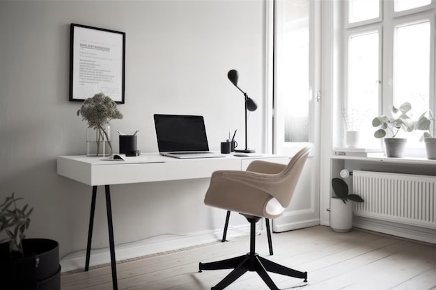 Bureau à domicile minimaliste avec un bureau et une chaise élégants et sans distractions créées avec une IA générative