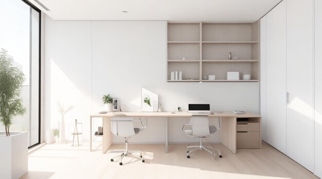 Bureau à domicile minimaliste avec bureau debout et écran mural