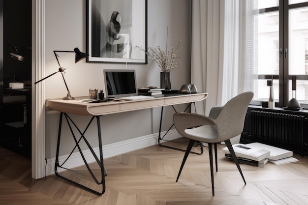Photo bureau à domicile minimaliste avec un bureau élégant et un décor minimaliste créé avec une ia générative