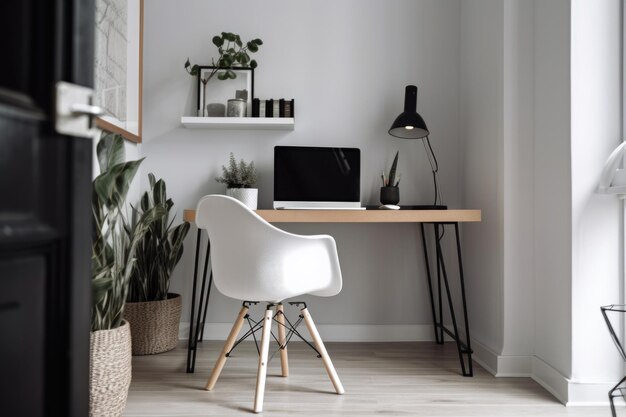Un bureau à domicile minimaliste et élégant avec un bureau et une chaise minimalistes créés avec une IA générative