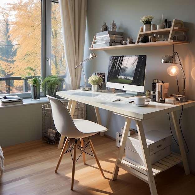 Un bureau à domicile minimaliste avec une grande fenêtre