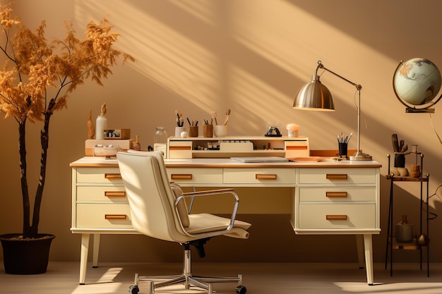 Un bureau à domicile moderne avec un bureau blanc une chaise blanche et un globe