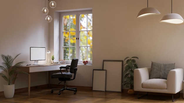 Bureau à domicile moderne avec ordinateur de bureau avec papeterie sur table en bois