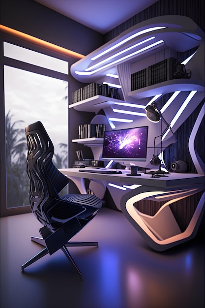 Un bureau à domicile avec un ordinateur et une chaise qui dit galaxie dessus.