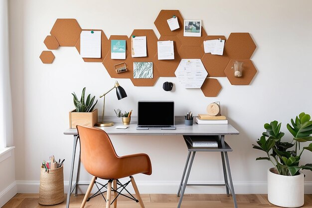 Photo un bureau à domicile avec un panneau de liège hexagonal pour épingler des idées créatives