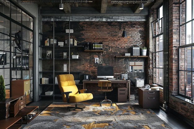 Bureau à domicile de style industriel avec accents en acier