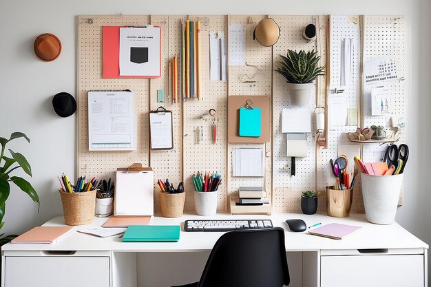 Un bureau à domicile avec un tableau de bord monté sur le mur pour l'organisation de la papeterie