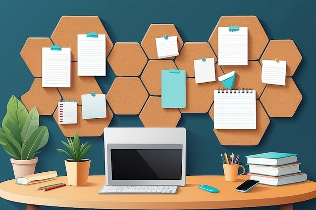 Photo un bureau à domicile avec un tableau de cork hexagonal pour organiser les notes et les horaires