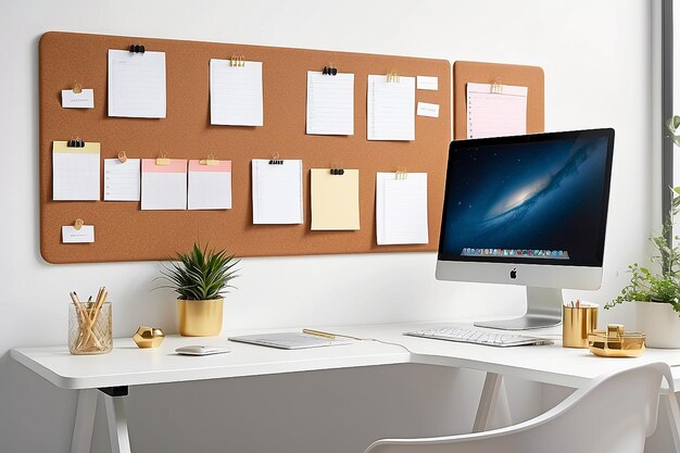 Photo un bureau à domicile avec un tableau de cork hexagonal pour organiser les notes et les horaires