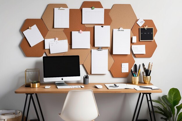 Photo un bureau à domicile avec un tableau de cork hexagonal pour organiser les notes et les horaires