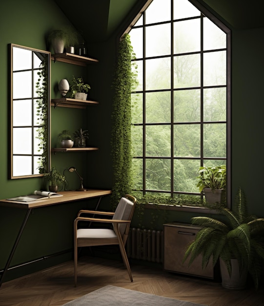 Bureau à domicile vert avec de grandes fenêtres et des plantes