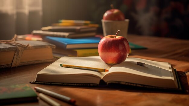 Bureau avec du matériel d'écriture un livre et une pomme dans une pièce organisée