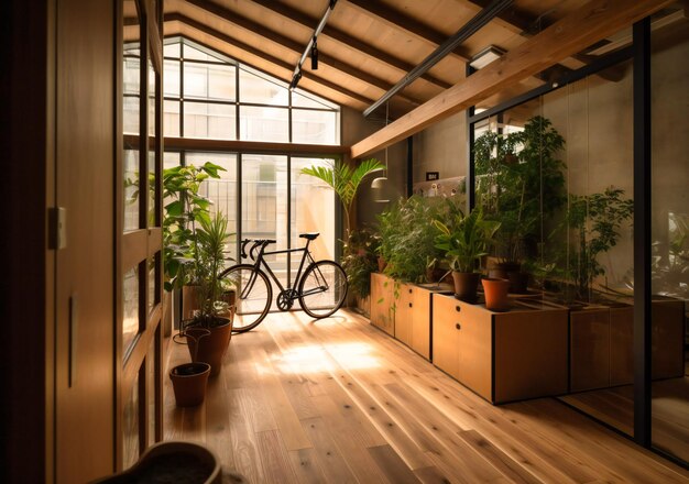 Un bureau avec du parquet, une plante et un vélo dedans