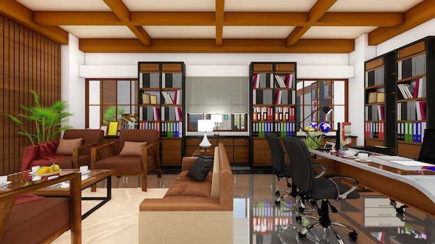 Bureau du PDG Design d'intérieur Couleur marron avec étagères rendu 3d de style moderne