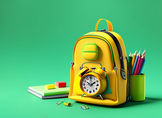 bureau d'école avec accessoire scolaire et sac à dos de différentes couleurs sur fond bleu et jaune