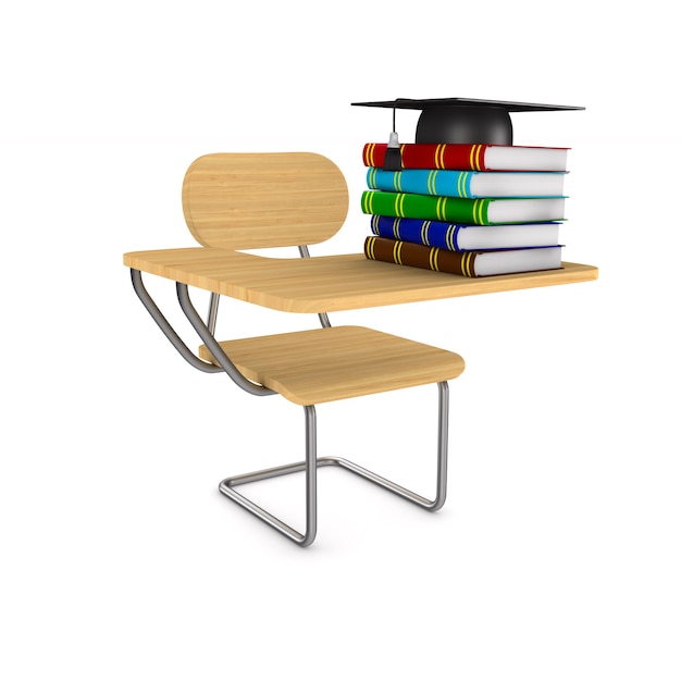 Bureau d'école et chaise sur blanc.