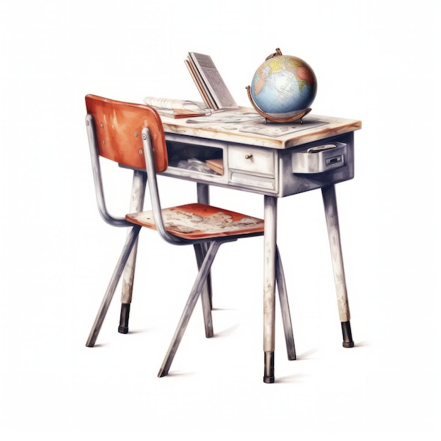 Bureau d'école avec globe et chaise isolés sur fond blanc